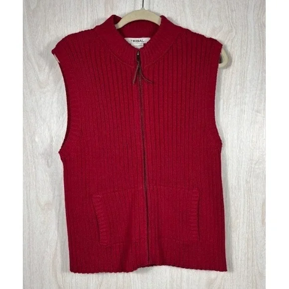 Tribal Sweater Vest M Red Cotton Zip Front Pocket Layering Chic Casual - Picture 2 of 5